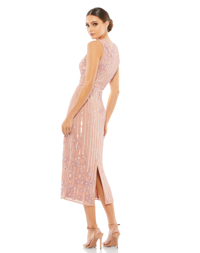 Shop Mac Duggal Striped Floral Embellished Sleeveless Midi Dress In Rose