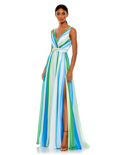 Shop Mac Duggal Striped Multi Sleeveless Gown In Blue Multi
