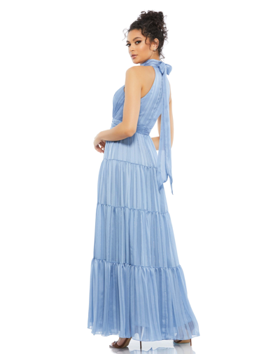 Mac Duggal Tie Neck Tiered Halter Gown In Slate Blue