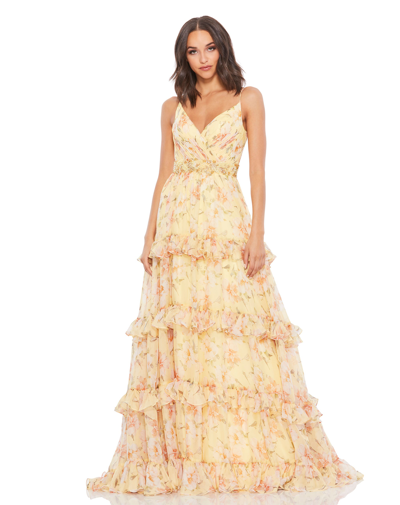 Shop Mac Duggal Floral Tiered Chiffon Gown In Lemon