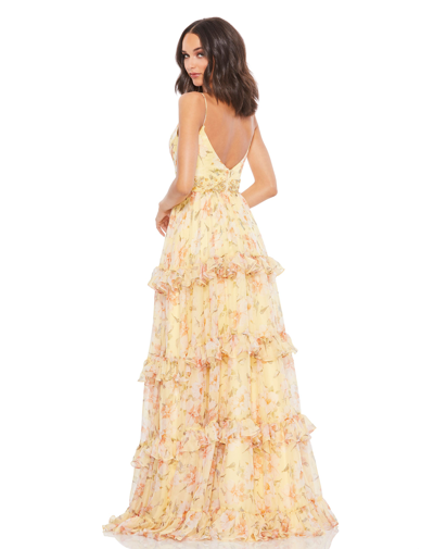 Shop Mac Duggal Floral Tiered Chiffon Gown In Lemon