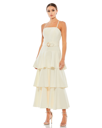 Shop Ieena For Mac Duggal Belted Tiered Ruffle Sleeveless Midi Dress In White