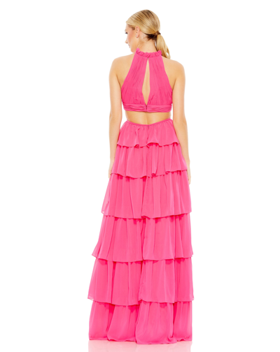 Mac Duggal Tiered Ruffle Pleated High Neck Ball Gown In Hot Pink