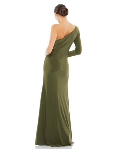 Shop Mac Duggal One Sleeve Beaded Cuff Side Twist Gown In Olive