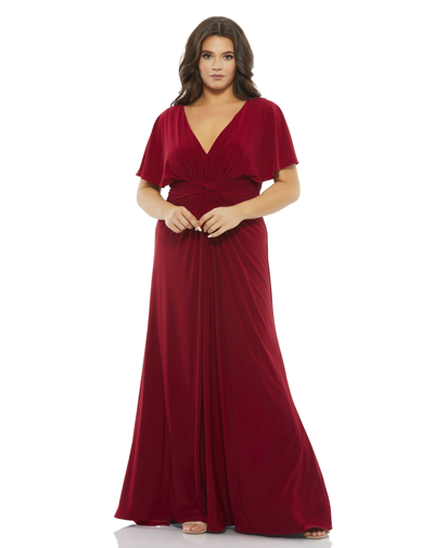 Mac Duggal Plus Size V-neck Solid Jersey Gown In Deep Red