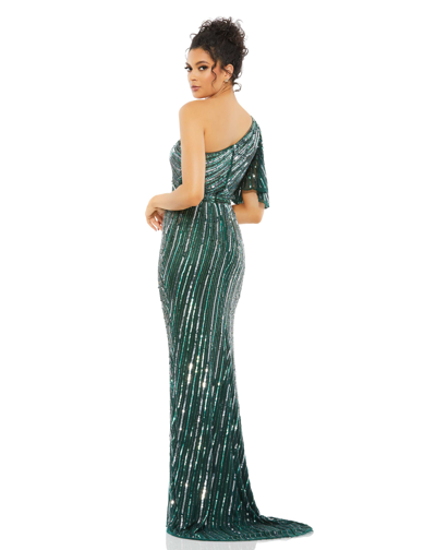Shop Mac Duggal Two Tone Sequined One Shoulder Trumpet Gown In Iridescent Green