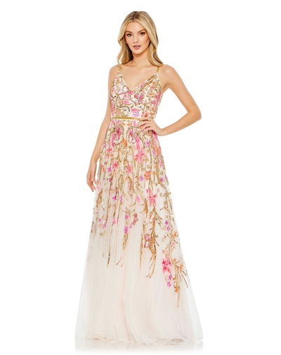 Shop Mac Duggal V Neck Floral Embellished Spaghetti Strap Gown In Oyster Multi