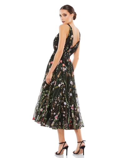 Mac Duggal V-neck Floral Midi Dress In Black Multi