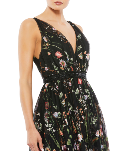 Mac Duggal V-neck Floral Midi Dress In Black Multi