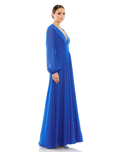 Shop Mac Duggal V-neck Illusion Long Sleeve Chiffon Gown In Royal Blue