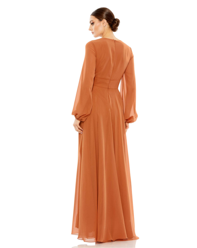 Shop Mac Duggal V-neck Illusion Long Sleeve Chiffon Gown In Terra Cotta
