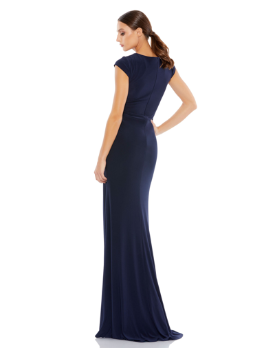 Mac Duggal Elegant Evening Jersey V Neck Gown In Navy In Navy