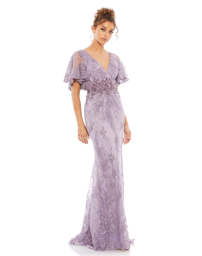Shop Mac Duggal Vintage Flutter Sleeve Evening Gown In Vintage Lilac