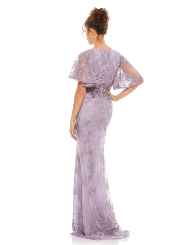 Mac Duggal Butterfly Sleeve Sequin Lace Column Gown In Vintage Lilac