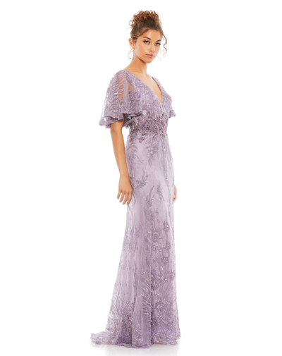 Mac Duggal Butterfly Sleeve Sequin Lace Column Gown In Vintage Lilac