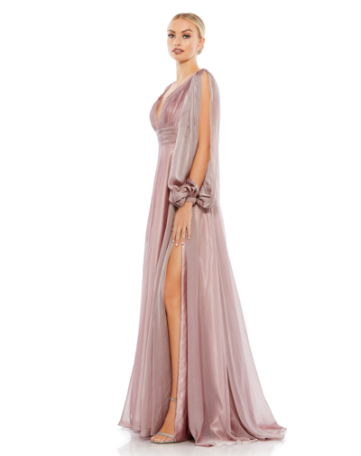 Shop Mac Duggal Chiffon Open Sleeve A Line Gown In Mocha