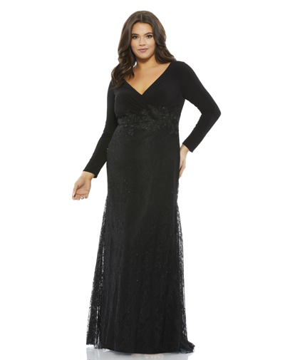Shop Mac Duggal Wrap-over Long Sleeve Lace Applique Trumpet Gown (plus) In Black