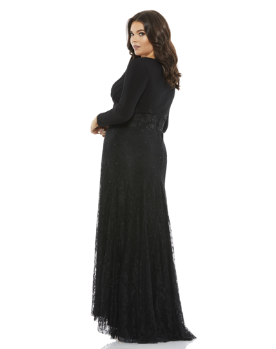 Shop Mac Duggal Wrap-over Long Sleeve Lace Applique Trumpet Gown (plus) In Black