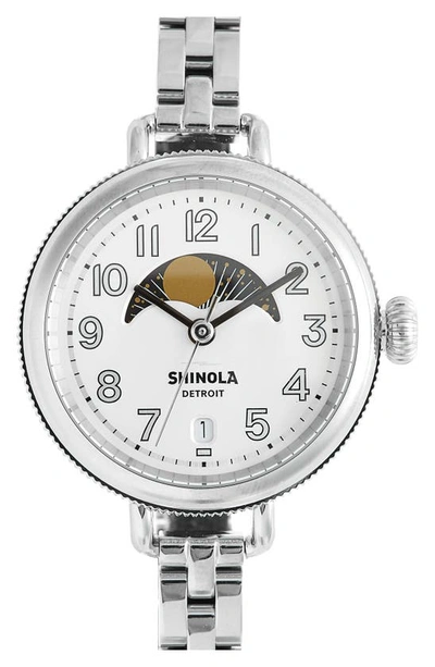 Shop Shinola The Birdy Moon Phase Bracelet Watch, 34mm In Light Silver