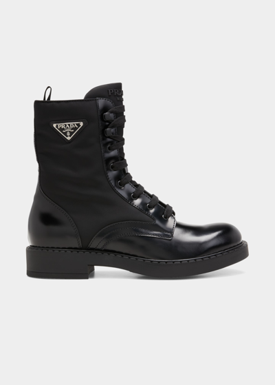 Shop Prada Men's Nylon & Leather Triangle Logo Combat Boots In Nero