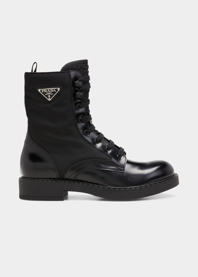 Prada Black Leather Ankle Boot With Logo In Nero