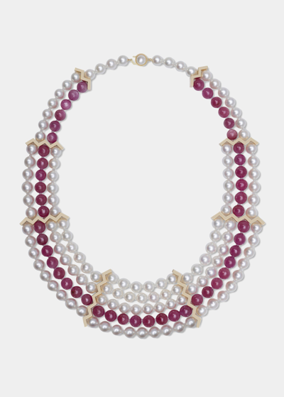 Shop Yutai Modular Necklace In Pink Sapphire And Akoya Pearls In Yg