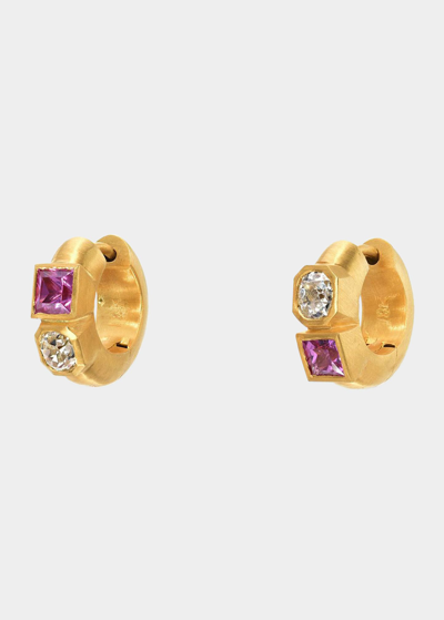 Shop Darius One-of-a-kind Double Pink Sapphire And Diamond Hoop Earrings In Yg