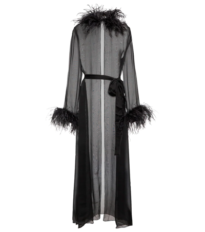 Shop Oseree Plumage Feather-trimmed Chiffon Robe In Black