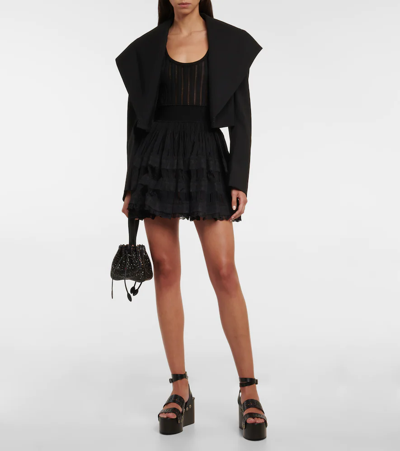 Alaïa Scoop Neck Elastic Waist Ribbed Skater Dress In Black