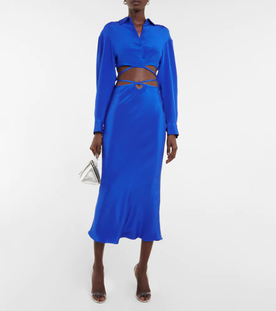 Shop Christopher Esber Tie-trimmed Silk Satin Midi Skirt In Cobalt