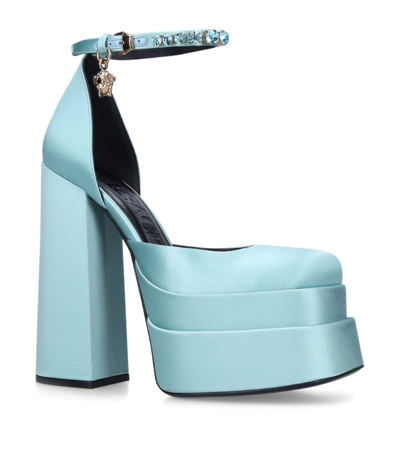 Shop Versace Satin Heeled Mary Janes 155 In Blue
