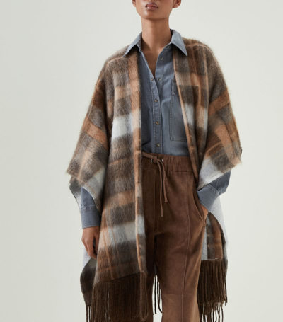 Shop Brunello Cucinelli Wool-blend Check Poncho In Brown