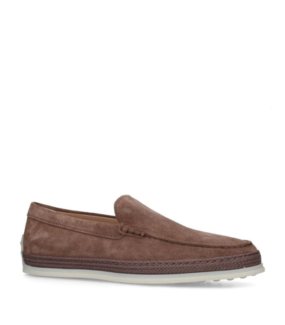 Shop Tod's Suede Raffia Skate Loafers In Brown