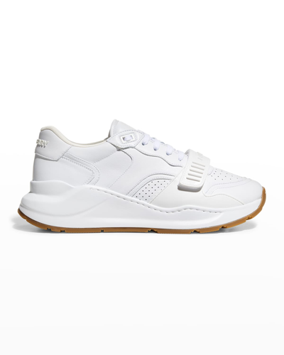 Shop Burberry Men's Tnr Ramsey Perforated Leather Low-top Sneakers In Optic White