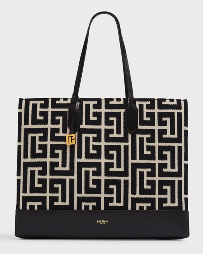 Shop Balmain Monogram Jacquard Shopping Tote Bag In Ivoire/noir