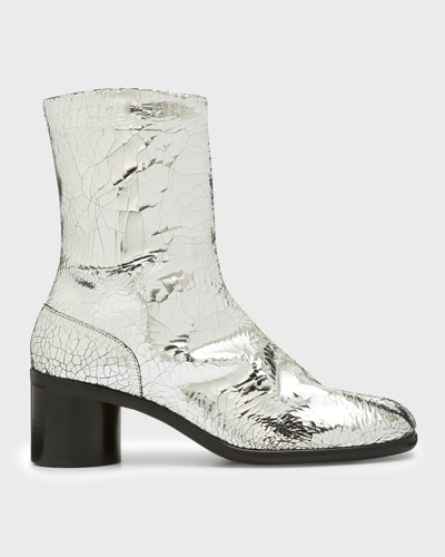 Shop Maison Margiela Men's Cracked Metallic Leather Split-toe Ankle Boots In Silver