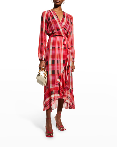 Shop Milly Halley Ruffle Plaid Wrap Dress In Red Multi