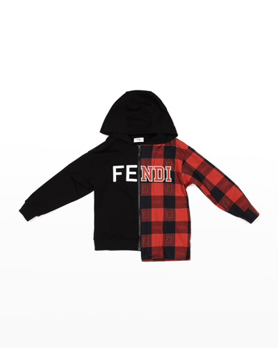 Shop Fendi Boy's Combo Logo-print Hoodie In F1i14 Blk Red