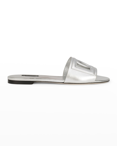 Shop Dolce & Gabbana Bianca Dg Flat Slide Sandals In Silver