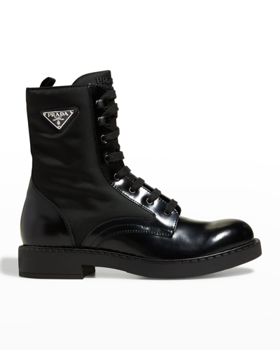 Shop Prada Men's Nylon & Leather Triangle Logo Combat Boots In Nero