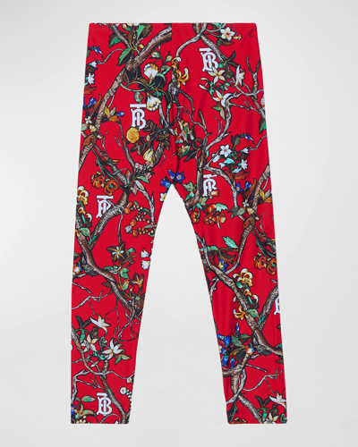 Shop Burberry Girl's Laurice Floral-print Tb Leggings In Bright Red Ip Pat