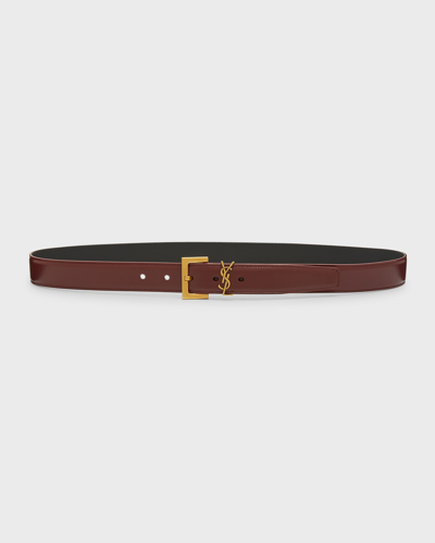 Shop Saint Laurent Ysl Supple Leather Skinny Belt In Red Agate