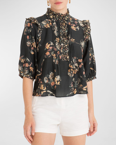 Shop Secret Mission Kacey Pintuck Button-front Floral Top In Black Floral