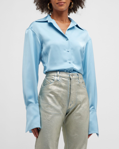 Shop Attico Lily Satin Collared Shirt In Baby Blue