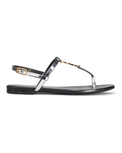 Shop Saint Laurent Cassandra Ysl Medallion T-strap Sandals In Argento 8105
