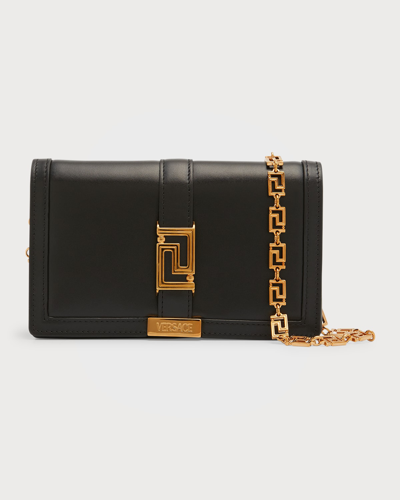 Shop Versace Greca Goddess Leather Wallet On Chain In 1b00v Black/gold