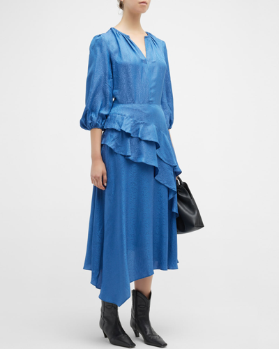 Shop Shoshanna Tara Ruffle Satin Jacquard Midi Dress In Denim Blue