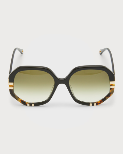 Shop Chloé Geo Round Acetate Sunglasses In 002 Shiny Black