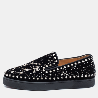 Pre-owned Christian Louboutin Black Velvet Spike Embellished Slip On Sneakers Size 36.5