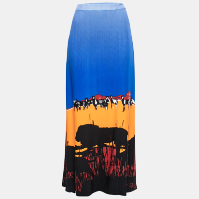 Pre-owned Diane Von Furstenberg Multicolor Lion Landscape Print Silk & Crepe Maxi Skirt M In Blue